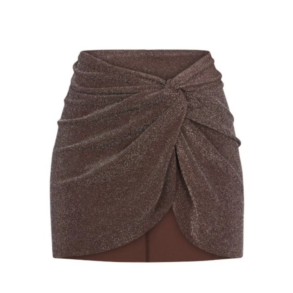 Skims Textured Glitter Sarong Mini Skirt Cocoa Brown Shimmer Wrap Skirt 3X
